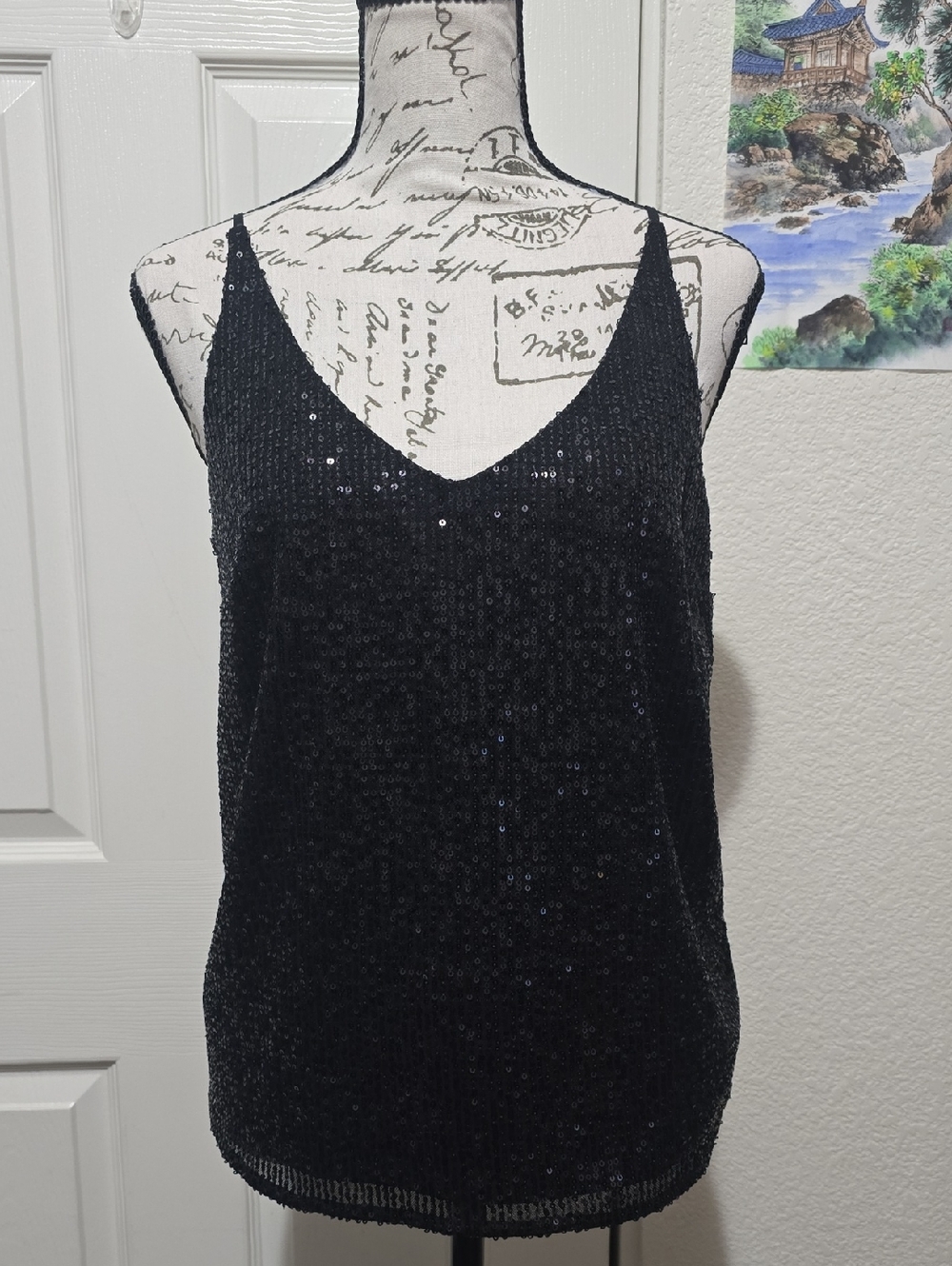 Banana Republic Sequin V-Neck Spaghetti Strap Camisole, Black, Small, NWOT